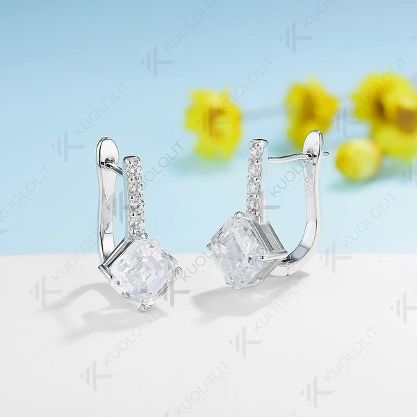 Kuololit 2CTW Moissanite Clip Earrings for Women Solid 18K 14K 10K 585 Yellow Gold Asscher Cut Earrings for Engagement Christmas