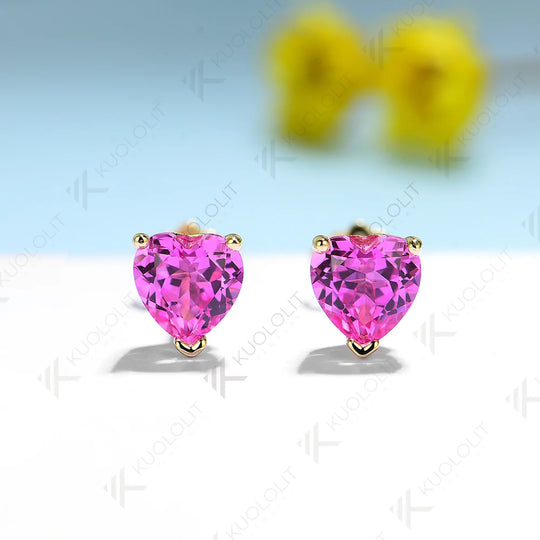 Kuololit 2.4CTW Lab Grown Padparadscha Heart  Earrings for Women Pure 18K 14K 10K Gold Stub Gemstone Earrings Anniversary Gifts