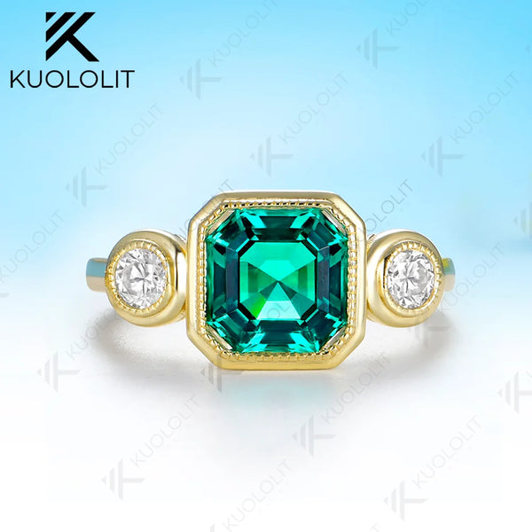 Kuololit 2.5CT Lab Grown Emerald Diamonds Ring for Women Solid 14K 10K 585 Yellow Gold for Christmas Gift Engagement Anniversary