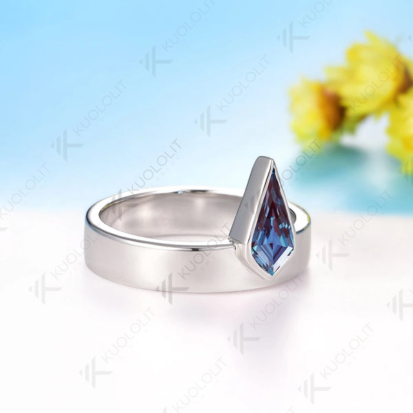 Kuololit 1.2CT Lab Grown Alexandrite Rings for Men Women Solid 18K 14K 10K585 White Gold  Kite Cut Bezel Set Bands for Christmas