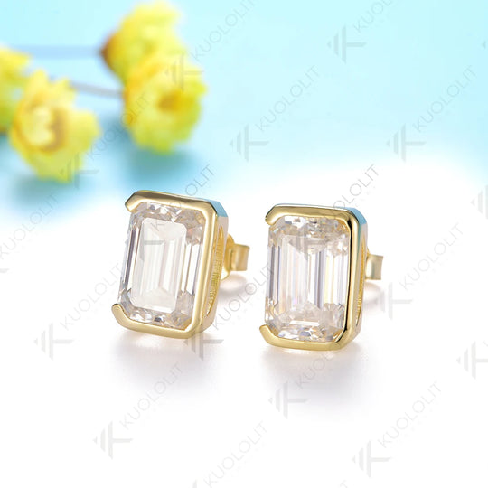 Kuololit 5CTW Emerald Moissanite Stud Earirngs for Women Solid 18K 14K 10K585 Yellow Gold Half Bezel Set Earriings for Christmas