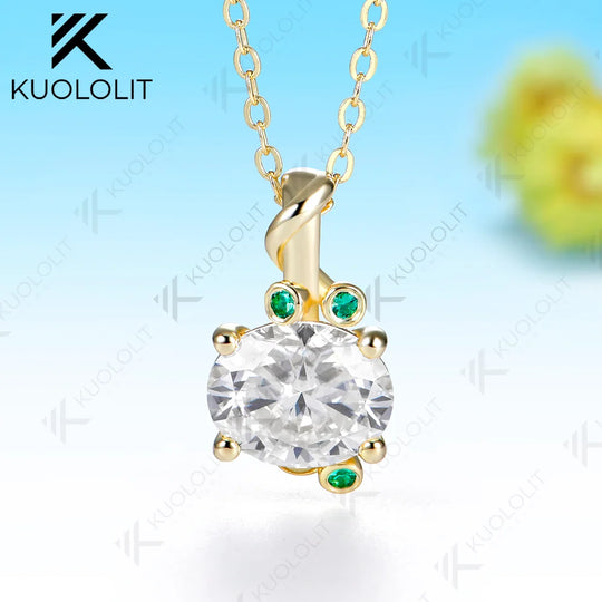 Kuololit 3CT Oval Moissanite Lab Emerald Custom Necklace for Women Solid 585 14K 10K Yellow Gold Necklace for Christmas Gifts