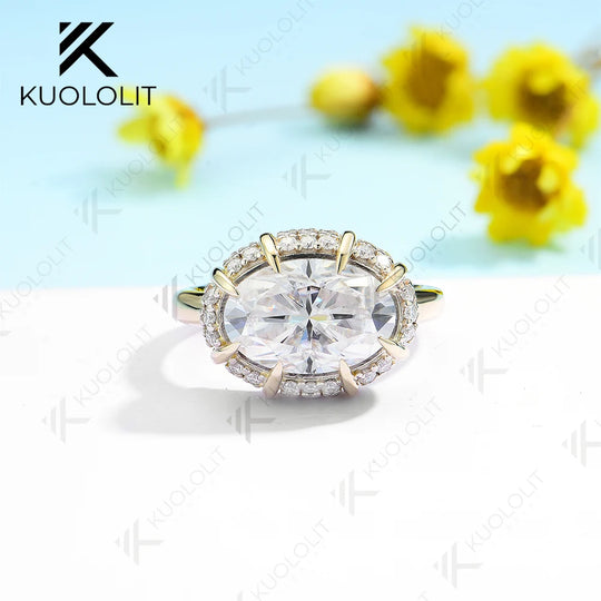 Kuololit 4.5CT Moissanite Ring for Women Solid 18K 14K 10K 585 Yellow Gold Oval Engagement Ring for Christmas Anniversary Gift