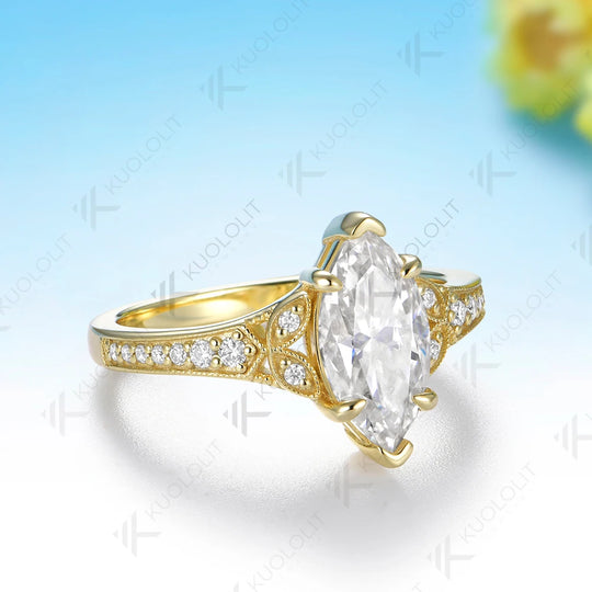 Kuololit 2CT Moissanite Custom Ring for Women Solid 14K 10K 585 Yellow Gold Marquise Cut for Christmas Gifts Engagement Wedding