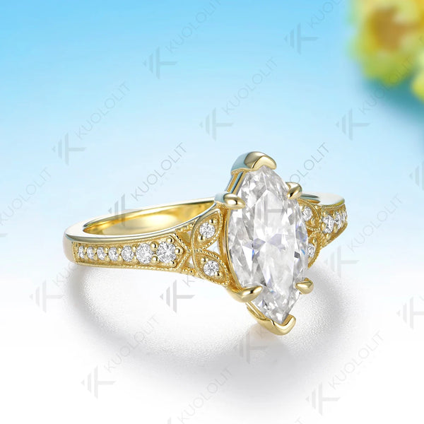 Kuololit 2CT Moissanite Custom Ring for Women Solid 14K 10K 585 Yellow Gold Marquise Cut for Christmas Gifts Engagement Wedding