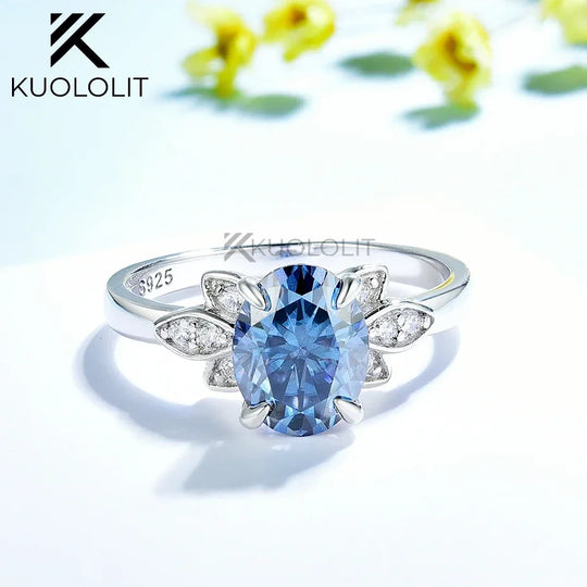 Kuololit  2CT Oval Dark Blue Moissanite Engagement Ring for Women Solid 14K 10K White Gold