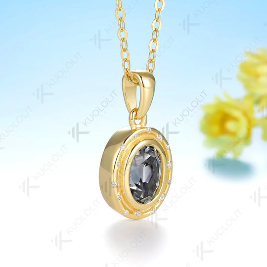 Kuololit 1.5CT OMC Grey Moissanite Necklace for Women Solid 14K 10K Yellow Gold Oval Cut Necklace for Engagement Christmas Gift