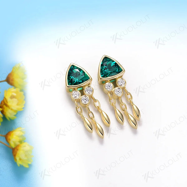 Kuololit 2.4CTW Lab Grown Emerald Jellyfish Stud Earrings for Women Solid 14K 10K 585 Gold Moissanite Earrings for Christmas