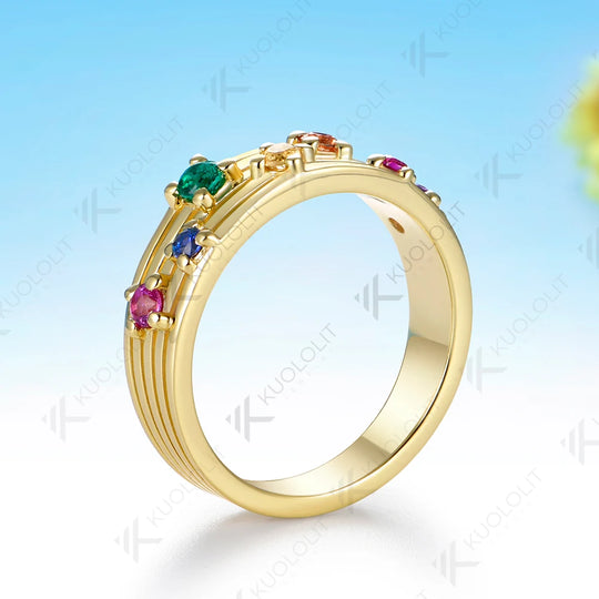 Kuololit Lab Grown Coloful Rainbow Gemstones Round Cut Custom Ring for Women Solid 14K 10K 585 Yellow Gold for Christmas Gifts