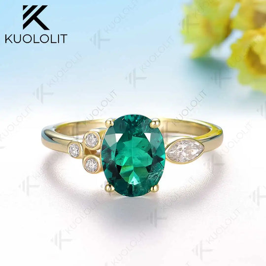 Kuololit 3ct Lab Grown Emerald with Moissanite Ring for Women Solid 18K 14K 10K 585 Yellow Gold Ring for Anniversary Christmas