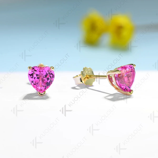 Kuololit 2.4CTW Lab Grown Padparadscha Heart  Earrings for Women Pure 18K 14K 10K Gold Stub Gemstone Earrings Anniversary Gifts