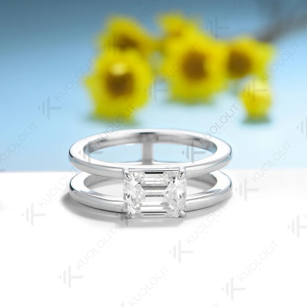 Kuololit 2CT Emerald Cut Moissanite Ring for Women Pure 18K 14K 10K Gold Ring for Anniversary Engagement Gifts Christmas Classic