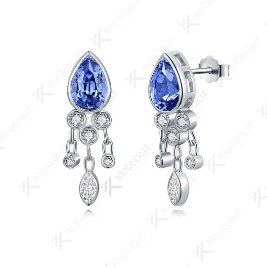 Kuololit 3CTW Lab Grown Blue Sapphire with Moissanite Stud Earrings for Women Solid 14K 10K 585 Gold Pear Earrings for Christmas