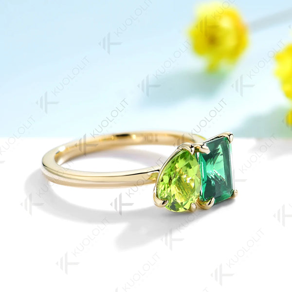 Kuololit 2CTW Lab Grown Emerald Natural Peridot Engagement Ring for Women Solid 14K 10K 585 Yellow Gold Ring for Christmas Gifts praty