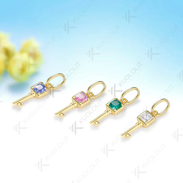 Kuololit Key Pendant Lab Grown Emerald Pink Sapphire Moissanite for Women Solid Yellow Gold No Chain
