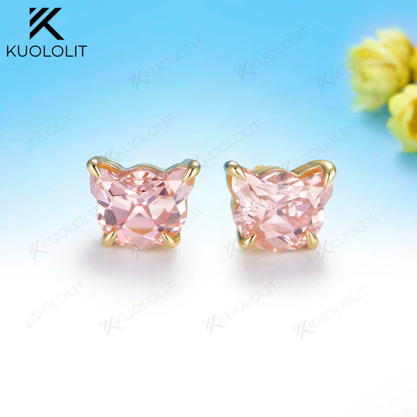 Kuololit 6.4CTW Pink Moissanite Custom Stud Earrings for Women Solid 14K 10K 585 Yellow Gold Cat Cut for Christmas Gifts Party