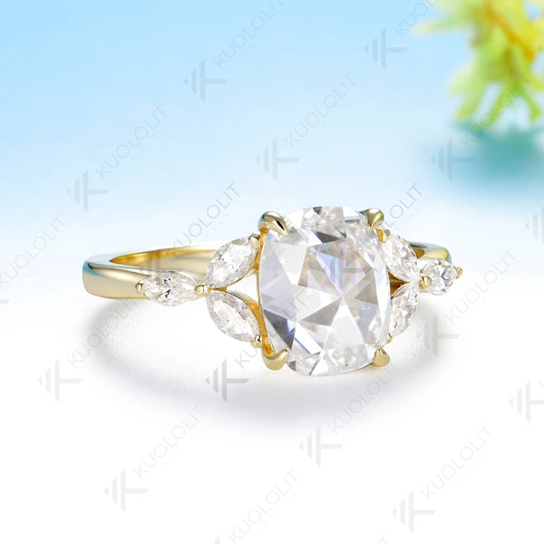 Kuololit 2CT Cushion Rose Cut Moissanite Ring for Women Solid 14K 10K Yellow Gold Engagement Ring for Anniversary Christmas Gift