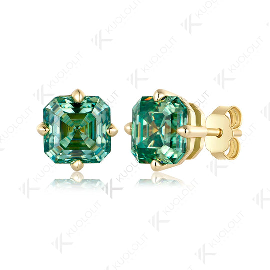 Kuololit 4CTW Asscher Cut Cyan Moissanite Stud Earrings for Women Solid 14K 10K 585 Gold Earrings for Engagement Wedding Christmas