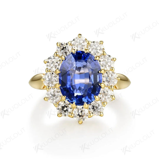Kuololit Princess Diana 3CT Sapphire Moissanite Ring for Women Solid 14K Yellow Gold Lab-Grown Sapphire for Memory Engagement