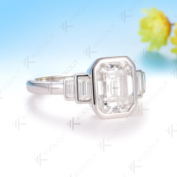 Kuololit 3CT Emerald Cut Moissanite Ring for Women Solid 14K 10K White Gold Engagement Ring for Christmas Gifts Party Engagement