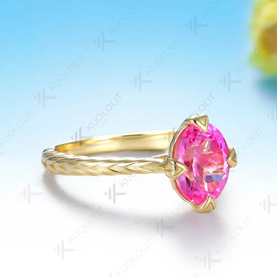 Kuololit 2CT Lab Grown Pink Sapphire Custom Ring for Women Solid 14K 10K Yellow Gold Oval cut for Anniversary Christmas Gift
