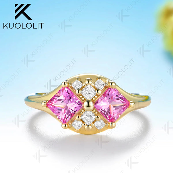 Kuololit 1.6CTW Lab Pink Sapphire Princess Cut Moissanite Custom Ring for Women Solid 14K 10K 585 Yellow Gold for Christmas Gift