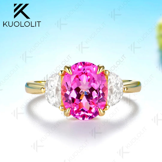 Kuololit 4.2CTW Lab Pink Sapphire Moissanite Custom Ring for Women Solid 14K 10K 585 Yellow Gold for Christmas Gifts Anniversary