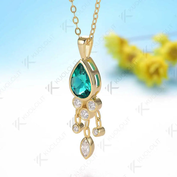 Kuololit 1.6CT Lab Grown Emerald and Moissanite Necklace for Women Solid 18K 14K 10K 585 Yellow Gold Pear Pendant for Christmas