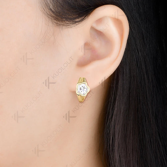 Kuololit 6CTW Moissanite Clip Earring for Women Solid 14K 10K Yellow Gold Flower Cut Plant Earring for Christmas Gift Party