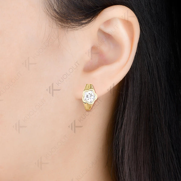 Kuololit 6CTW Moissanite Clip Earring for Women Solid 14K 10K Yellow Gold Flower Cut Plant Earring for Christmas Gift Party