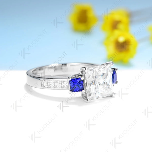 Kuololit3CT Priness Cut Moissanite Engagement Ring for Women Solid18K14K10KWhite Gold Lab Blue Sapphire Ring for Christmas Gifts