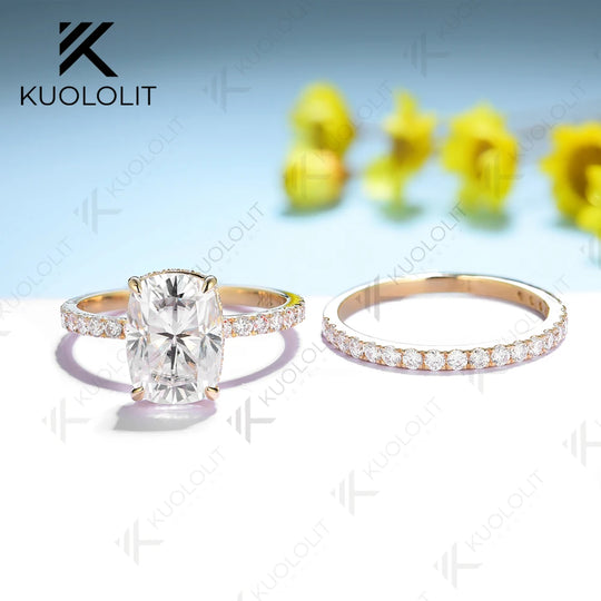 Kuololit Enlonged Cushion Cut  Moissanite Set Ring for Women Solid 18K 14K 10K 585 Yellow Gold Band for Engagement Wedding Christmas Party