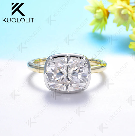 Kuololit 5CT Cushion Cut Moissanite Ring for Women Solid 18K 14K 10K Yellow Gold Two Tone Ring for Anniversary Engagement Gifts