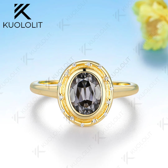 Kuololit 1.5CT OMC Grey Moissanite  Ring for Women Solid 14K 10K Yellow Gold Engagement Oval Ring for Christmas Gift Party