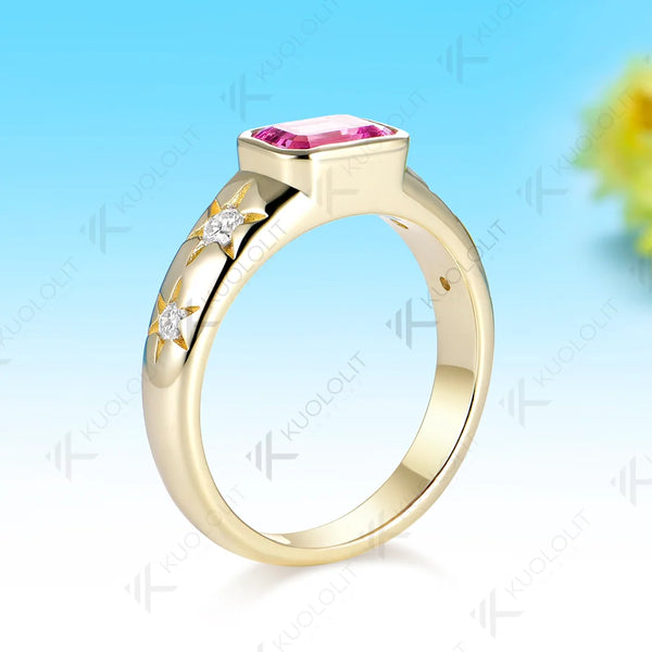 Kuololit 1CT Lab Grown Pink Sapphire Custom Ring for Women Solid 14K 10K 585 Yellow Gold Engagement Ring for Christmas Gifts