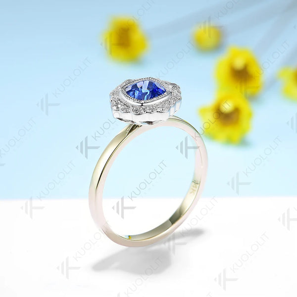 Kuololit 1CT Cushion Lab Blue Sapphire Ring for Women Solid 18K 14K 10K 585 Yellow Gold Moissanite Engagement Ring for Christmas