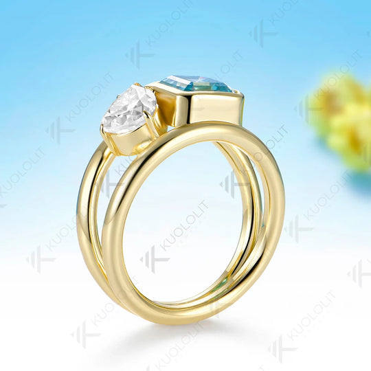 Kuololit Cyan Moissanite Pear Asscher Cut Custom Set Ring for Women Solid 14K 10K 585 Yellow Gold for Christmas Gift Anniversary