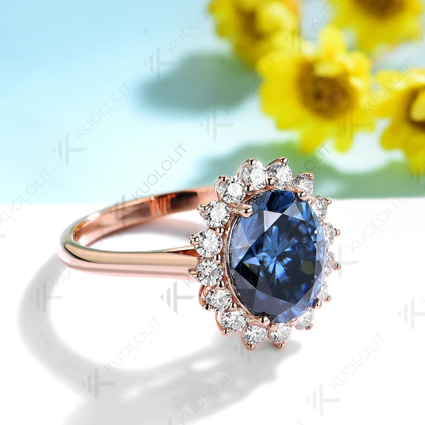 Kuololit 3CT Oval Blue Moissanite Engagement Ring for Women Soild 10K 14K Rose Gold Ring for Christmas Gifts Party Anniversary