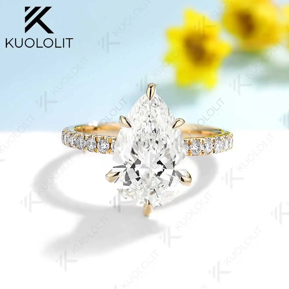 Kuololit 3CT IGI Lab Grown Diamond Rings for Women Solid 18K 14K 10K 585 Yellow Gold Pear Cut for Engagement Christmas Gifts