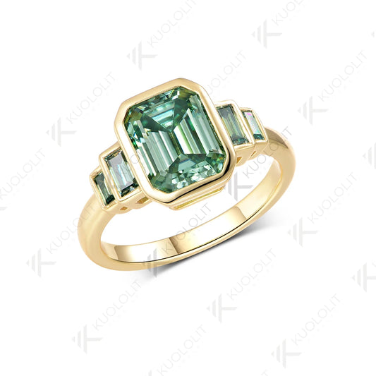 Kuololit 3CT Cyan Moissanite Ring for Women Solid 14K 10K Gold Emerald Cut Ring for Christmas Gifts Party Engagement Wedding