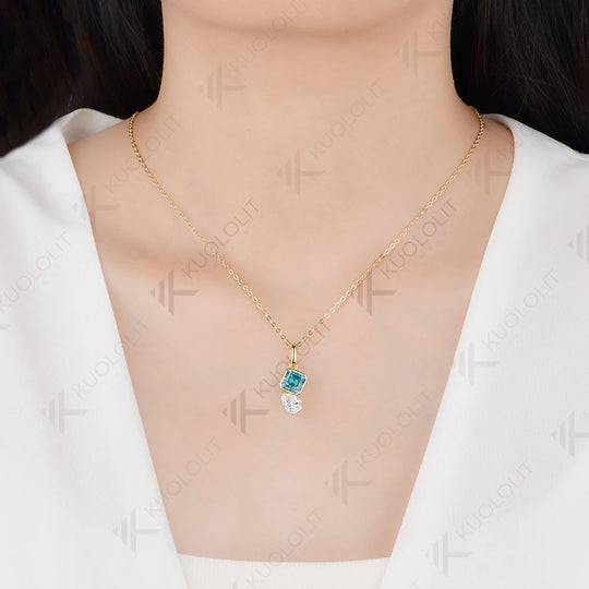 Kuololit 3CTW Cyan Moissanite Pear Asscher Cut Custom Necklace for Women Solid 585 14K 10K Yellow Gold for Christmas Gifts Party