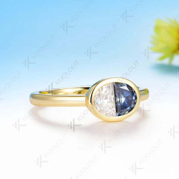 Kuololit 0.9CTW Two Half Blue Moissanite Over Ring Women Solid14K 10K 585 Yellow Gold Engagement for Christmas Gift Anniversary