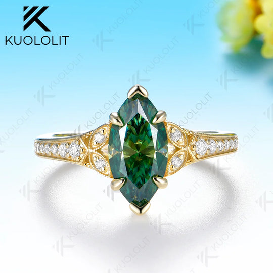 Kuololit 2CT Cyan Moissanite Custom Ring for Women Solid 14K 10K 585 Yellow Gold Marquise Cut for Christmas Gifts Engagement