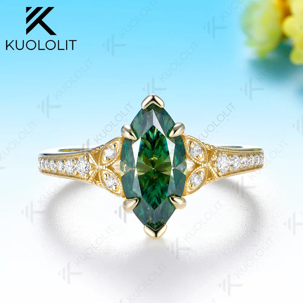 Kuololit 2CT Cyan Moissanite Custom Ring for Women Solid 14K 10K 585 Yellow Gold Marquise Cut for Christmas Gifts Engagement