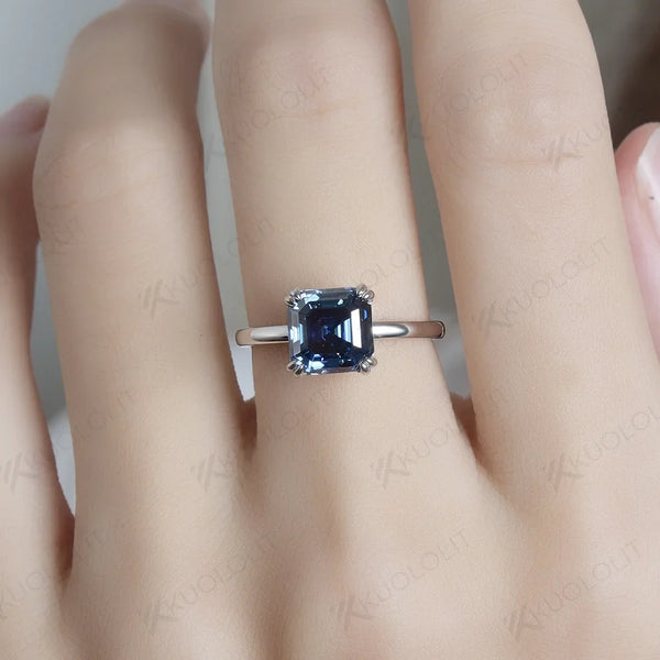 Kuololit Lab Grown Sapphire Moissanite Rings for Women Solid 18K 14K White Gold Asscher Cut Hiden Halo for Engagement Wedding