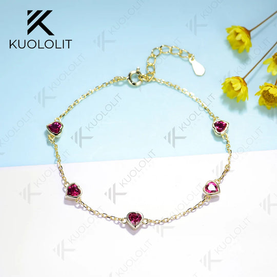 Kuololit 1.5CTW Lab Grown Ruby Bracelet for Women Solid 18K 14K 10K 585 Yellow Gold  Heart Cut Bracelet for Christmas Gifts