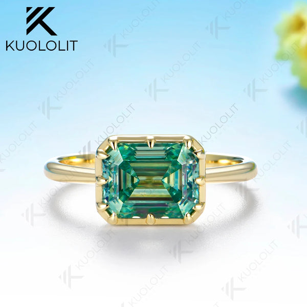 Kuololit 3CT Emerald Cut Cyan Moissanite Ring for Women Solid 14K 10K 585 Yellow Gold Ring for Engagement Party Christmas Gifts