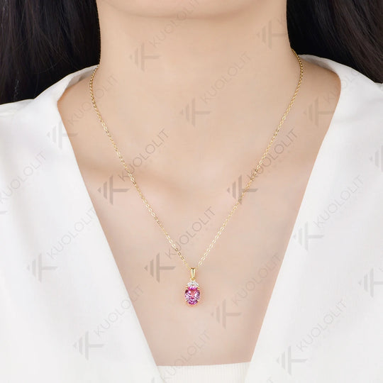Kuololit 3CT Lab Pink Sapphire Custom Set Necklace for Women Solid 14K 10K 585 Yellow Gold Necklace for Christmas Gifts Party