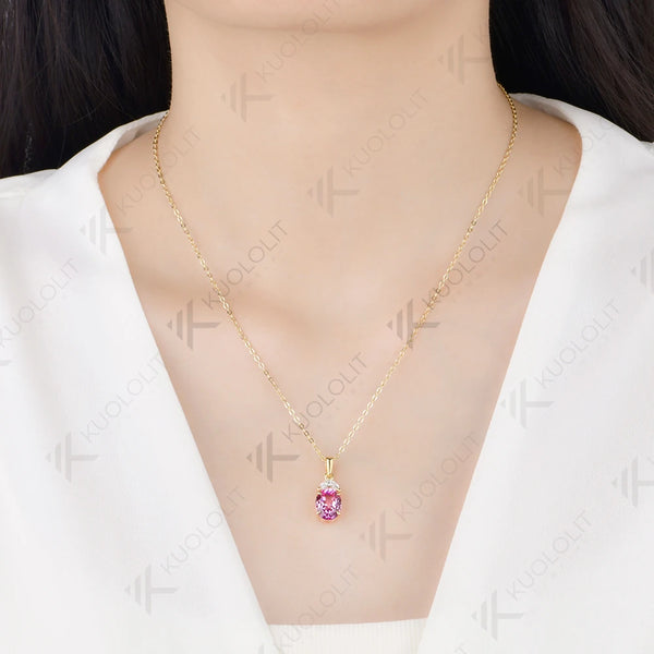 Kuololit 3CT Lab Pink Sapphire Custom Set Necklace for Women Solid 14K 10K 585 Yellow Gold Necklace for Christmas Gifts Party