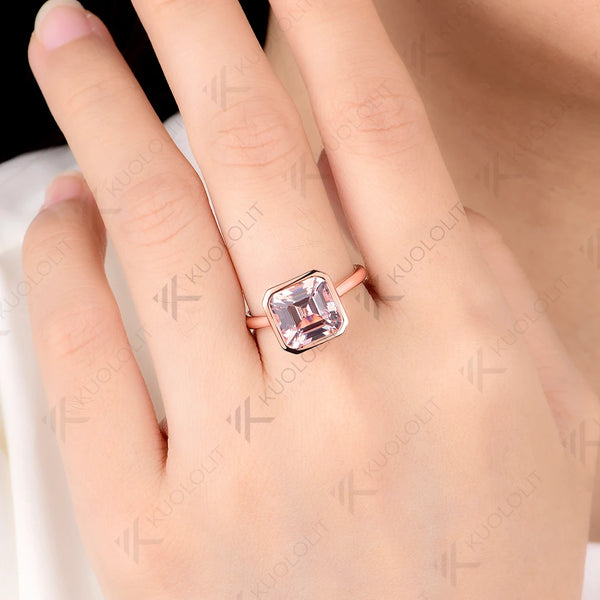 Kuololit 3.5CT Lab Grown Pink Sapphire Asscher Cut Ring for Women Solid 14K 10K 585 Rose Gold  for Engagement Wedding Christmas